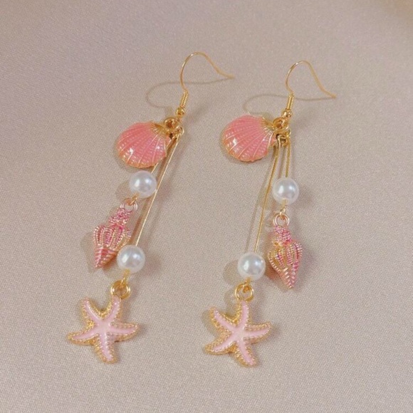 Enameled dangle earrings starfish sea creatures shells pearls mermaid - Picture 3 of 9